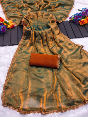 Anand Sarees Solid/Plain Bollywood Jimmy choo, Chiffon Saree(Gold, Green)