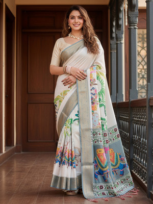 ZAMUNA Digital Print, Floral Print, Woven, Animal Print Banarasi Tussar Silk, Linen Saree(Cream, Light Green)