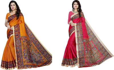 Grubstaker Printed Bollywood Cotton Blend Saree(Pack of 2, Pink, Yellow)