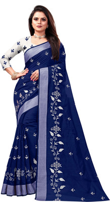 GLOWMOROUS Embroidered Bollywood Chanderi, Cotton Silk Saree(Dark Blue)