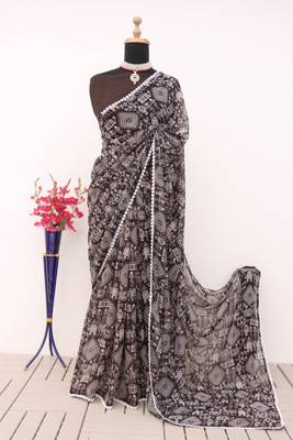 HouseOfCommon Printed Mysore Georgette Saree(Brown)