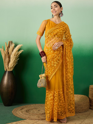 Sangria Embroidered Kalamkari Net Saree(Mustard)
