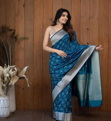 HouseOfCommon Striped Banarasi Pure Silk Saree(Blue)
