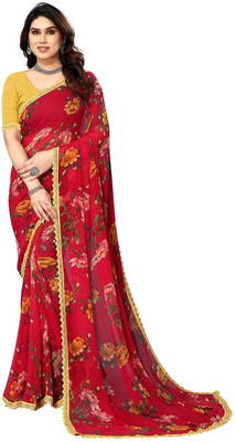 RAJESHWAR FASHION Printed Bollywood Georgette Saree(Red, Yellow)