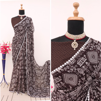 Zoamic the ethnic corner Printed Mysore Georgette Saree(Brown)