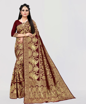 jashvicreation Woven Banarasi Jacquard, Art Silk Saree(Maroon)
