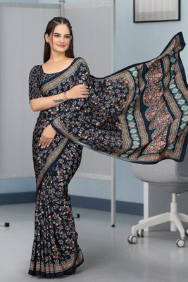 SHIV FASHION Embroidered, Solid/Plain Bollywood Crepe Saree(Dark Blue)