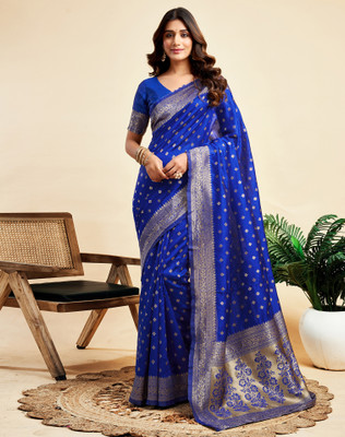 SIRIL Woven, Self Design Banarasi Silk Blend Saree(Dark Blue, Gold)