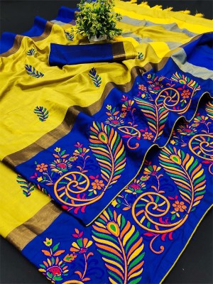 Divastri Embroidered Bollywood Cotton Silk Saree(Yellow, Blue)