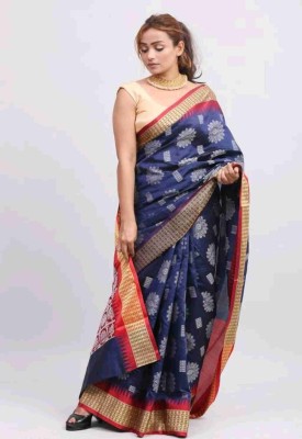 shree ambaji saree Solid/Plain, Temple Border Sambalpuri Silk Blend Saree(Dark Blue)