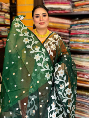 TUYA Woven Jamdani Cotton Silk Saree(Dark Green)