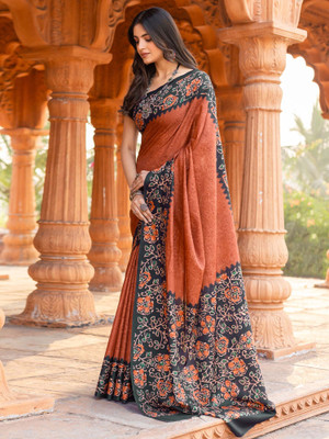 Divastri Printed Pochampally Silk Blend Saree(Orange)
