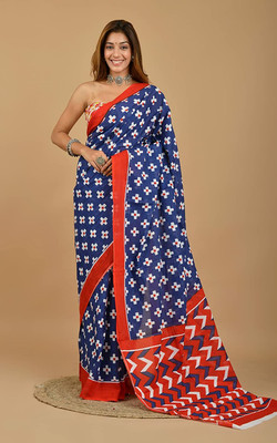 DASTKARPRINT Printed, Color Block, Blocked Printed, Floral Print, Dyed Daily Wear Pure Cotton Saree(Blue)