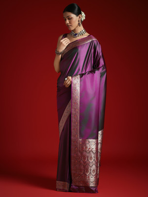 Tasrika Solid/Plain Banarasi Satin, Silk Blend Saree(Purple)