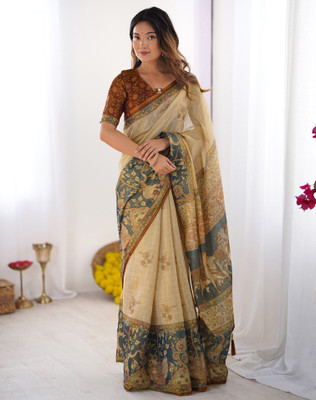 SIRIL Floral Print, Woven, Embellished Kalamkari Linen Saree(Grey, Beige)