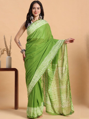 Sangria Printed Bandhani Pure Cotton Saree(Light Green)