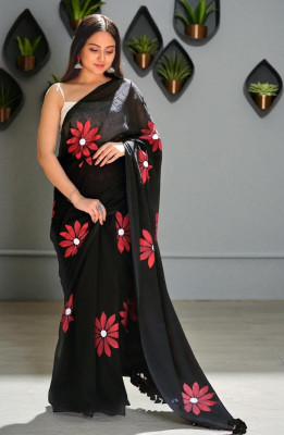 RupRas Digital Print, Floral Print Bollywood Cotton Linen, Linen Saree(Black)