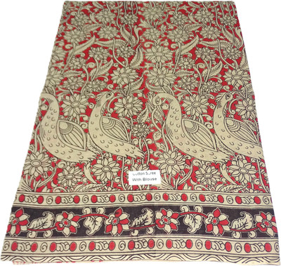 Velora Enterprises Printed Kalamkari Handloom Cotton Blend Saree(Red, Beige)