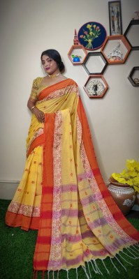 PRAVATI FASHION Woven Handloom Cotton Blend Saree(Yellow, Red)