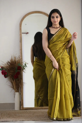KAKADIYA Embroidered, Woven, Striped Banarasi Cotton Silk Saree(Light Green)