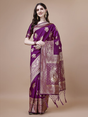 HouseOfCommon Woven, Solid/Plain Banarasi Silk Blend, Art Silk Saree(Magenta)