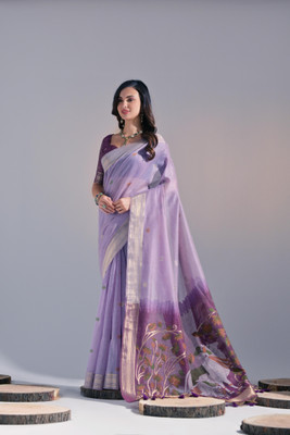 PeachPetals Embroidered, Printed, Woven Banarasi Cotton Blend Saree(Light Blue)