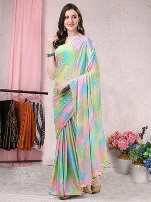 RAJESHWAR FASHION Color Block, Printed, Embellished Bollywood Chiffon, Pure Silk Saree(Green, Multicolor)