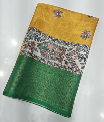 HouseOfCommon Printed Hand Batik Cotton Silk Saree(Yellow)