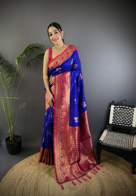 LeeliPeeri Designer Woven, Printed Banarasi Cotton Silk Saree(Blue)
