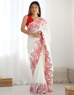 Satrani Embroidered, Embellished Bollywood Silk Blend Saree(Beige)