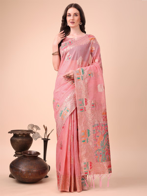 Tasrika Woven Banarasi Cotton Linen Saree(Pink)