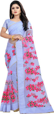 TEZMARK Floral Print Bollywood Net Saree(Light Blue)