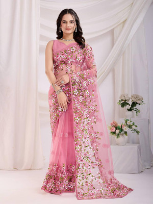 wonaari Embroidered Daily Wear Net Saree(Multicolor)