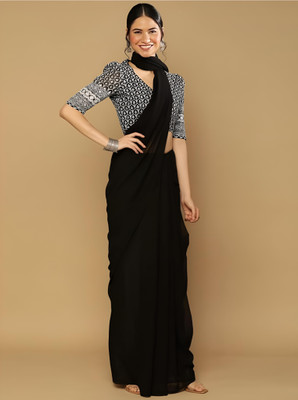 MGCollectionONE Solid/Plain Bollywood Georgette Saree(Black)