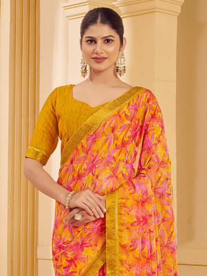 ANOUK Printed Chinnalapattu Chiffon Saree(Mustard)