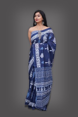 tanishaka fab Printed Bollywood Pure Cotton Saree(Dark Blue)