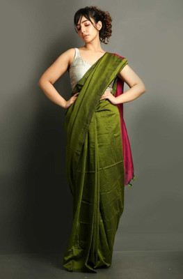 SRILOK Solid/Plain Handloom Cotton Blend Saree(Green, Purple)