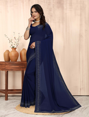 patu plus Solid/Plain, Embellished, Self Design Bollywood Georgette Saree(Blue)