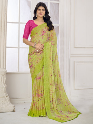 Divastri Floral Print, Geometric Print, Digital Print, Printed Bollywood Chiffon Saree(Light Green)
