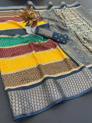 A To Z Cart Printed Bandhani Silk Blend Saree(Dark Blue)