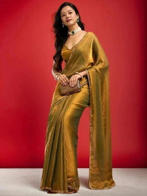 Vraggi Solid/Plain Bollywood Chiffon, Pure Silk Saree(Gold)