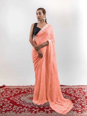 Manal Kreations Embroidered Lucknow Chikankari Georgette Saree(Pink)