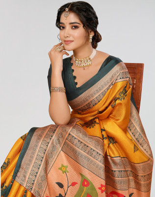 ANIRAV Floral Print Bollywood Art Silk Saree(Yellow)