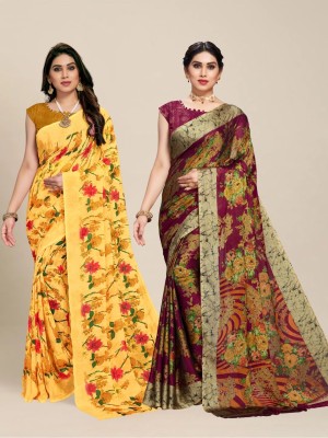 Manokamna Floral Print Daily Wear Georgette Saree(Pack of 2, Yellow, Maroon)