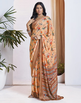 Samah Floral Print Bollywood Georgette Saree(Brown, Orange)