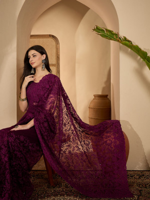 Sangria Embroidered Kalamkari Net Saree(Purple)