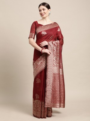 Sareemall Woven Patola Cotton Blend Saree(Brown)