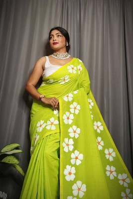 Shubharam Floral Print, Printed Bollywood Linen, Cotton Blend Saree(Light Green)