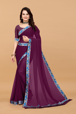 HIJA TRENDZ Embroidered, Solid/Plain Bollywood Georgette Saree(Purple)