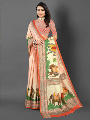 Divastri Printed Bollywood Silk Blend Saree(Orange)